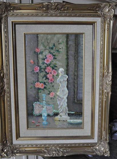 null Pierre BOUDET. Roses to the Venus de Milo. Oil on panel. Signed lower left....