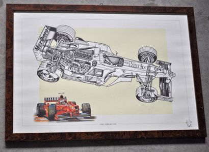 null Lot de 5 pièces encadrées, Formules 1 Ferrari années 1990 (37x52cm)