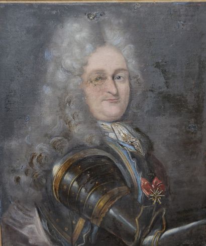null Ecole française du XVIII°. Portrait d'homme en armure. Huile sur toile (usures)...