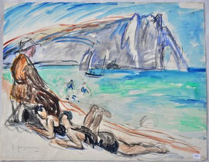 null Paul PAQUEREAU. Plage d'Etretat. Aquarelle. Signée en bas à gauche. 40x52cm