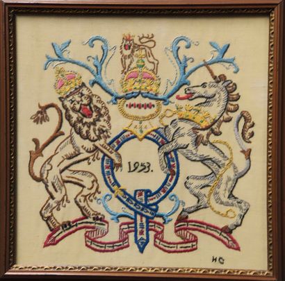 null Coat of arms with lion and unicorn in embroidery dated 1953. 25x25cm