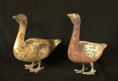 Pair of geese in polychrome terra cotta with...