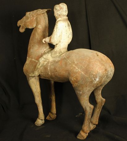 null Rider on his horse in polychrome terracotta, removable tail, ears back, open...