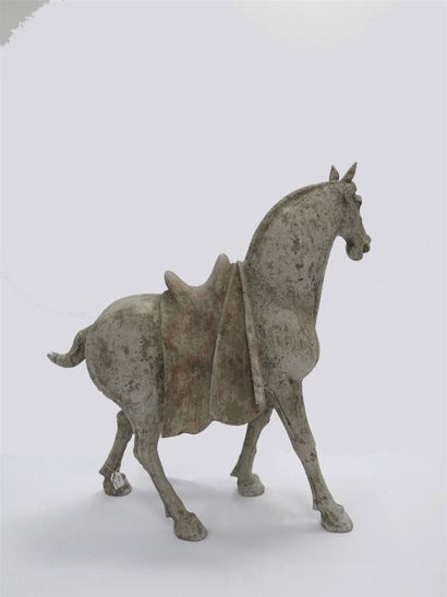 null Large saddled horse with all four legs on the ground, mouth open in terra cotta...