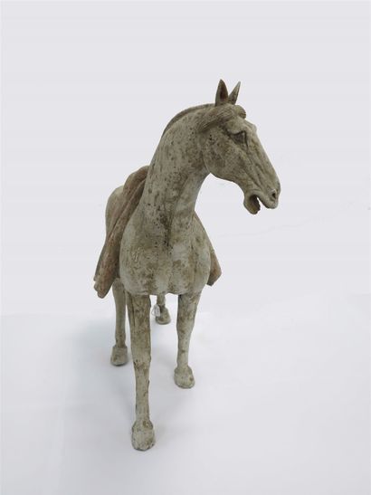 null Large saddled horse with all four legs on the ground, mouth open in terra cotta...