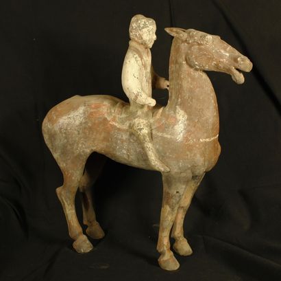 null Rider on his horse in polychrome terracotta, removable tail, ears back, open...