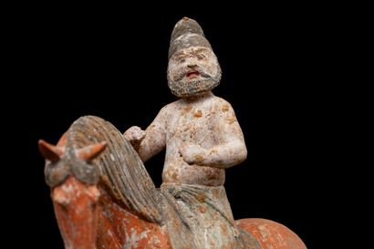 null Foreign rider on his horse in painted terracotta representing a rider and his...