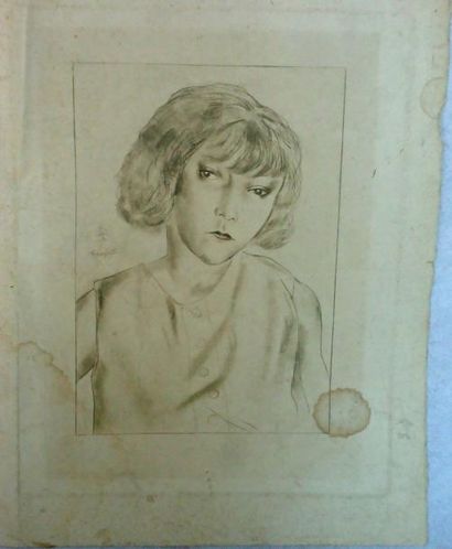 FOUJITA Portrait de jeune fille. Gravure signée. 32x25cm (mouillures)