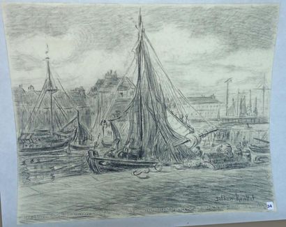 Marie Thérèse DETHAN ROULLET Bateaux au port. Fusain signé. 46x56cm