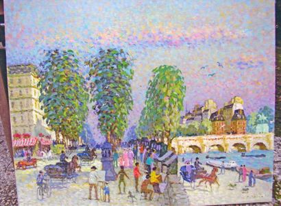 Pierre BOUDET PARIS: Les bouquinistes au pont des arts. Huile sur toile, signée en...