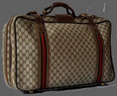 GUCCI Valise beige au logo, bandes rouges et vertes avec son cadenas et sa clé