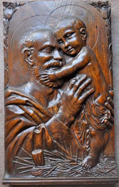 G. SABATIE St. Joseph et Jésus. Panneau sculpté signé et daté 1948. 54x38cm