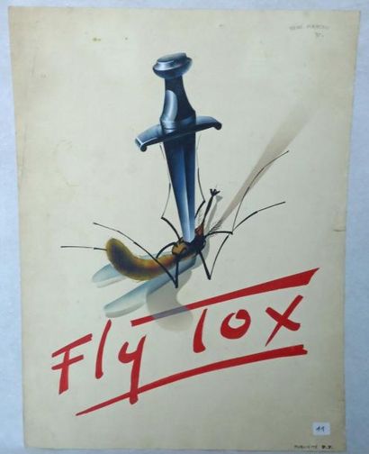 René MARCOU Projet de Publicité pour FLY TOX. Aquarelle signée et datée 35. 48x3...