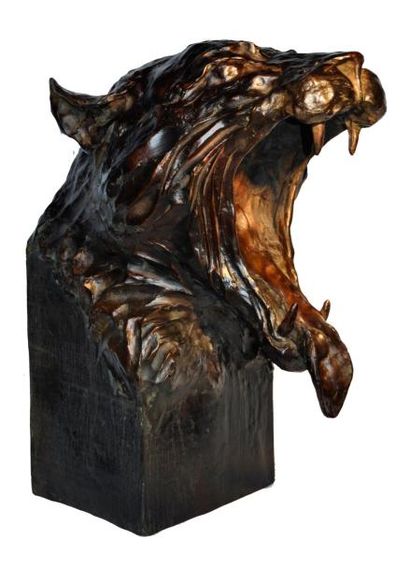 Jose Maria DAVID (1944-) Tête de Panthère baillant? Bronze. Signé, épreuve d'artiste...