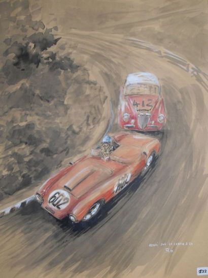 François CHEVALIER Ascari sur Lancia D 24 aux Mille Miglia. Aquarelle signée en bas...