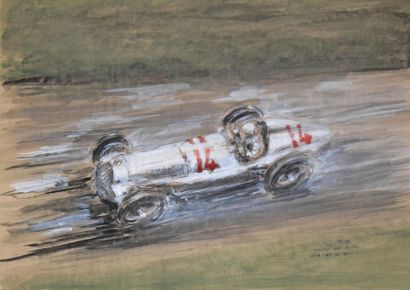 François CHEVALIER Mercedes Benz W154 "sur la pointe des pneus". Aquarelle signée...