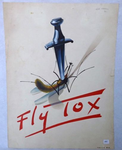 null René MARCOU. Projet de Publicité pour FLY TOX. Aquarelle signée et datée 35....