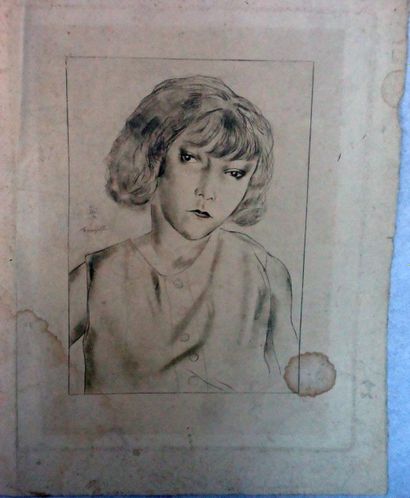 null FOUJITA. Portrait de jeune fille. Gravure signée. 32x25cm (mouillures)