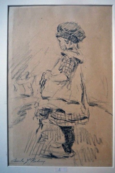 null E.J. PATOUX (1893-1985). Dessin sur papier au crayon gras représentant une fillette...