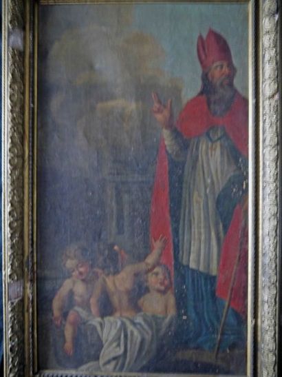 null Huile sur toile représentant St Nicolas et 3 enfants - fin 17ème- dans un cadre...