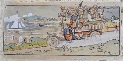  NEVIL. La roulotte Gregoire gagnante. Gravure imprimée en 1912 (accidents) 44x8...