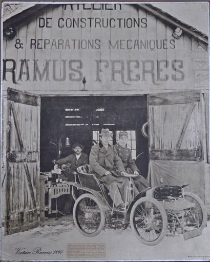  Voiture Ramus 1897 et camion Tarzan. 1 retirage et 1 photo de pub cinema. 62x50cm...
