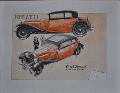 null François CHEVALIER. Bugatti coach spécial 44. Aquarelle signée en bas à droite....