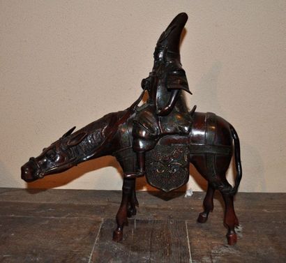 null Toba sur sa mule, Bronze. JAPON XIXe.