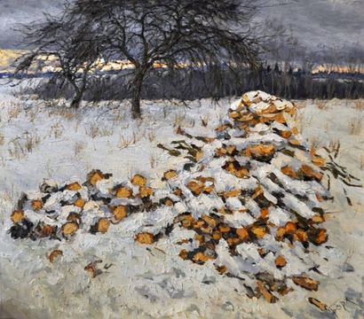 Elena BARKHATKOVA (1965- ). Paysage hivernal. Huile sur toile, signée en bas à droite,...