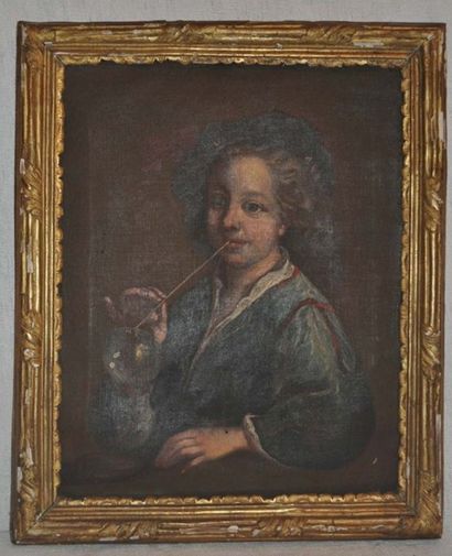 Ecole Française du XVIIIe. L'enfant à la bulle. Huile sur toile. Cadre d'époque en...