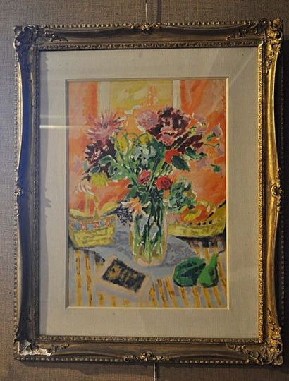 Jules CAVAILLES (1901-1977). Vase de fleurs. Huile sur carton, signée en bas à droite,...