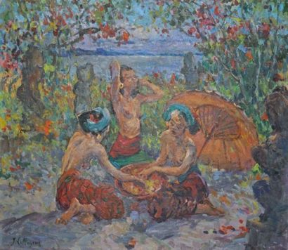 Jean LE MAYEUR (1880-1958). Femmes de Bali. Huile sur toile de jute, signée en bas...
