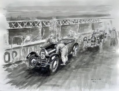 François CHEVALIER Bugatti aux stands des 24 heures Aquarelle signée en bas à droite....