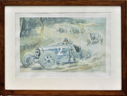 GEO HAM Les Bugatti 35 en course Lithographie signée en bas à droite et datée 28....