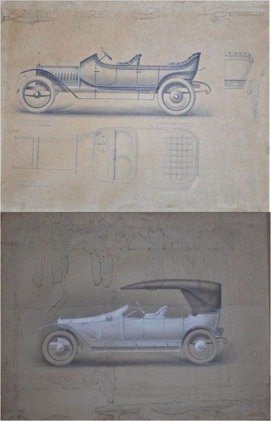  Projets de carrosserie automobile. 2 imprimés sur carton (coulures), 49x63cm