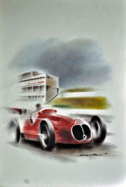 null Claude BERTON. Fangio au circuit d'Albi. Lithographie signée en bas à droite....