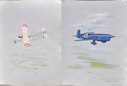 null Lucien CAVE (Peintre de l'Air) Caudron Deutsch et avion 14/18. 2 aquarelles...