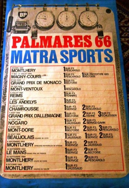 Palmarès Matra 1966. Affiche 113x76cm, état moyen