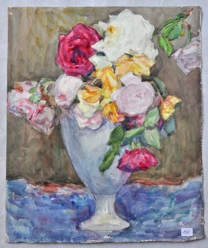 DETHAN ROULLET Marie Thérèse DETHAN ROULLET. Vase blanc de fleurs. Aquarelle, cachet...