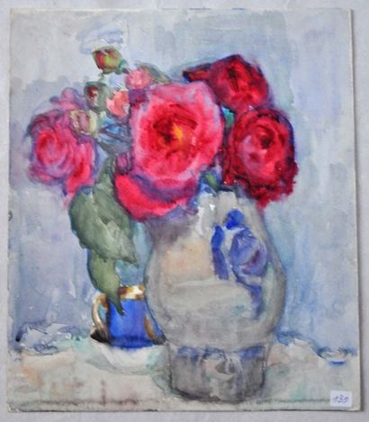 DETHAN ROULLET Marie Thérèse DETHAN ROULLET. Vase de fleurs. Aquarelle, cachet atelier....