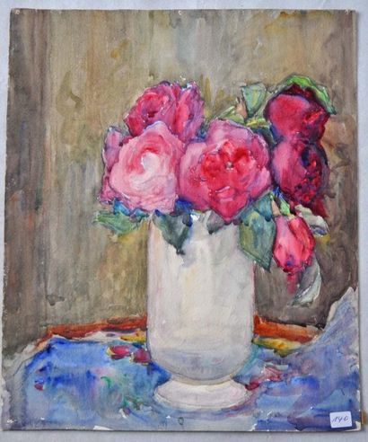 DETHAN ROULLET Marie Thérèse DETHAN ROULLET. Vase fleurs. Aquarelle, cachet atelier....