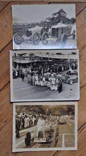  3 photos de course: Amilcar, Bugatti au Brésil et Argentine. 16x22cm environ