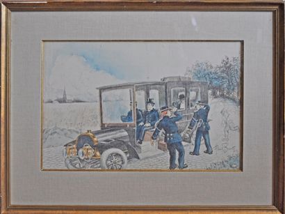 Albert BEERTS Le contrôle de police. Lithographie en couleurs signée en bas à droite,...