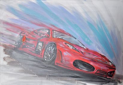 FECHNER Tom Ferrari 430 Challenge. Huile sur toile signée. 80x100 cm