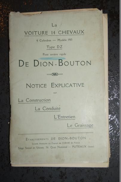 De Dion-Bouton DE DION-BOUTON. Notice explicative modèle 1913, 14cv, type DZ. 67...