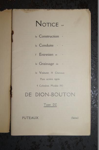 De Dion-Bouton DE DION-BOUTON. Notice explicative modèle 1913, 14cv, type DZ. 67...