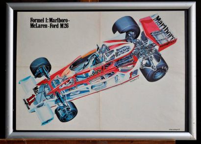 MC LAREN Lot de 8 posters: McLaren N° 24. Poster encadré. McLaren M8F N° 5, D. Hulme...