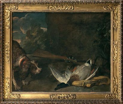 Jean-Siméon CHARDIN (Paris 1699-1779) Chien barbet devant un col vert
Huile sur toile...