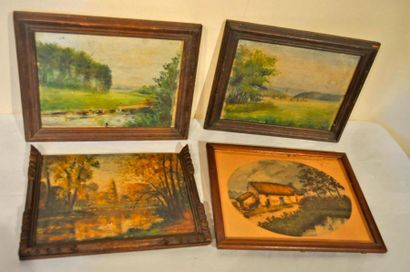 null Lot de 4 petits tableaux aux paysages divers ( 3 huiles sur panneau + 1 dessin)...