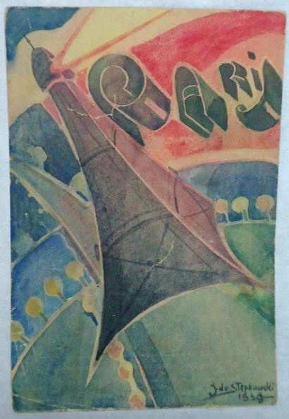 J. de STEPKOWSKI. Tour Eiffel, Paris cubiste. Aquarelle signée et datée 1939. 27x17cm...